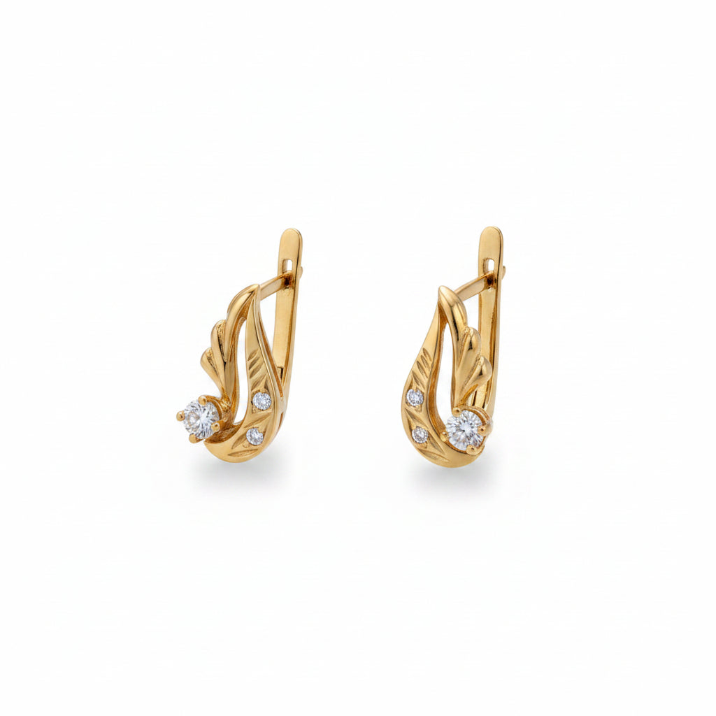 14K Yellow Gold Leaf Shape with CZ Russian-Style Lever Back Earrings