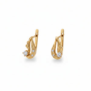 14K Yellow Gold Leaf Shape with CZ Russian-Style Lever Back Earrings