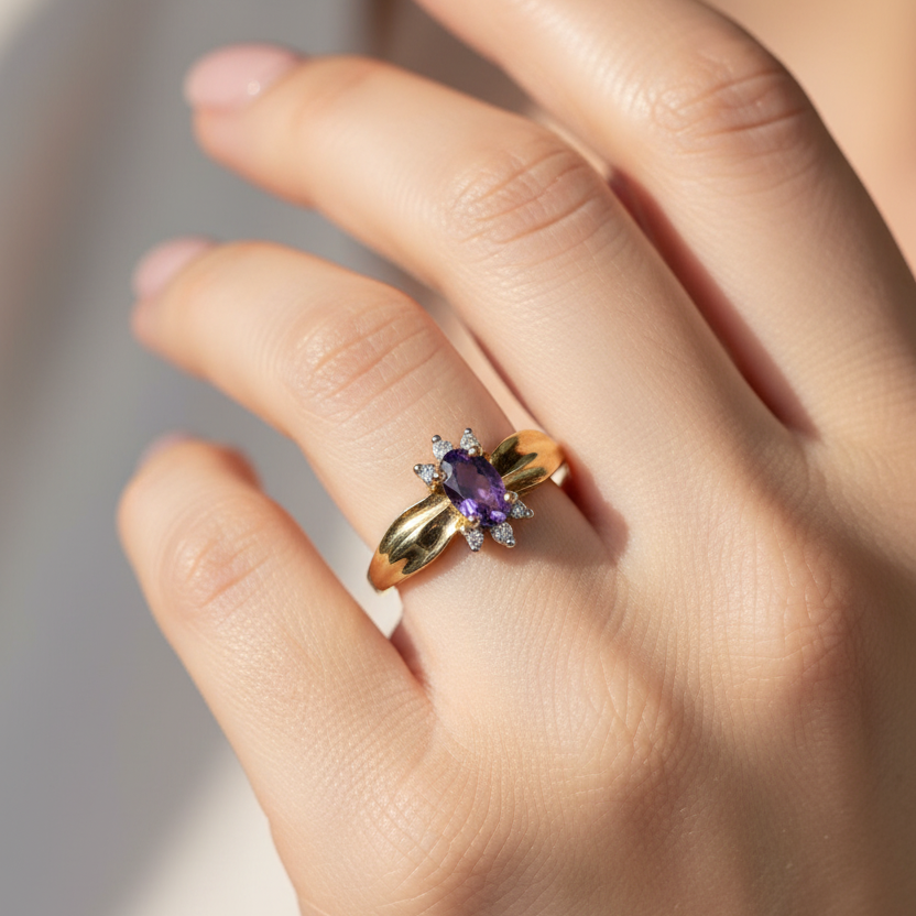 10K Yellow Gold Amethyst and Diamond Ring