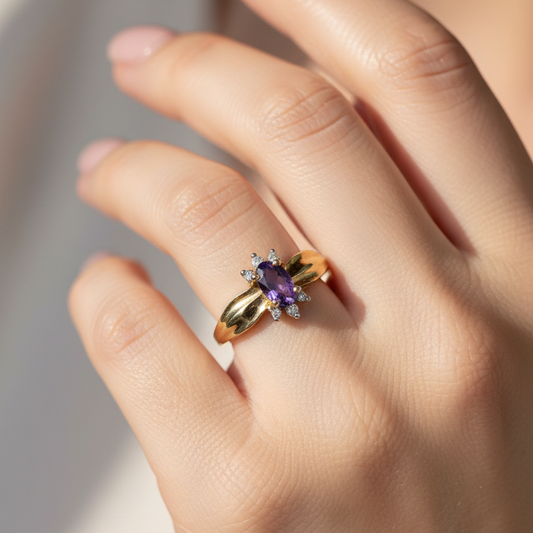 10K Yellow Gold Amethyst and Diamond Ring