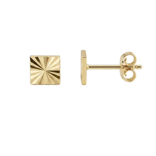 14k Yellow Gold Square Sunburst Studs Earrings