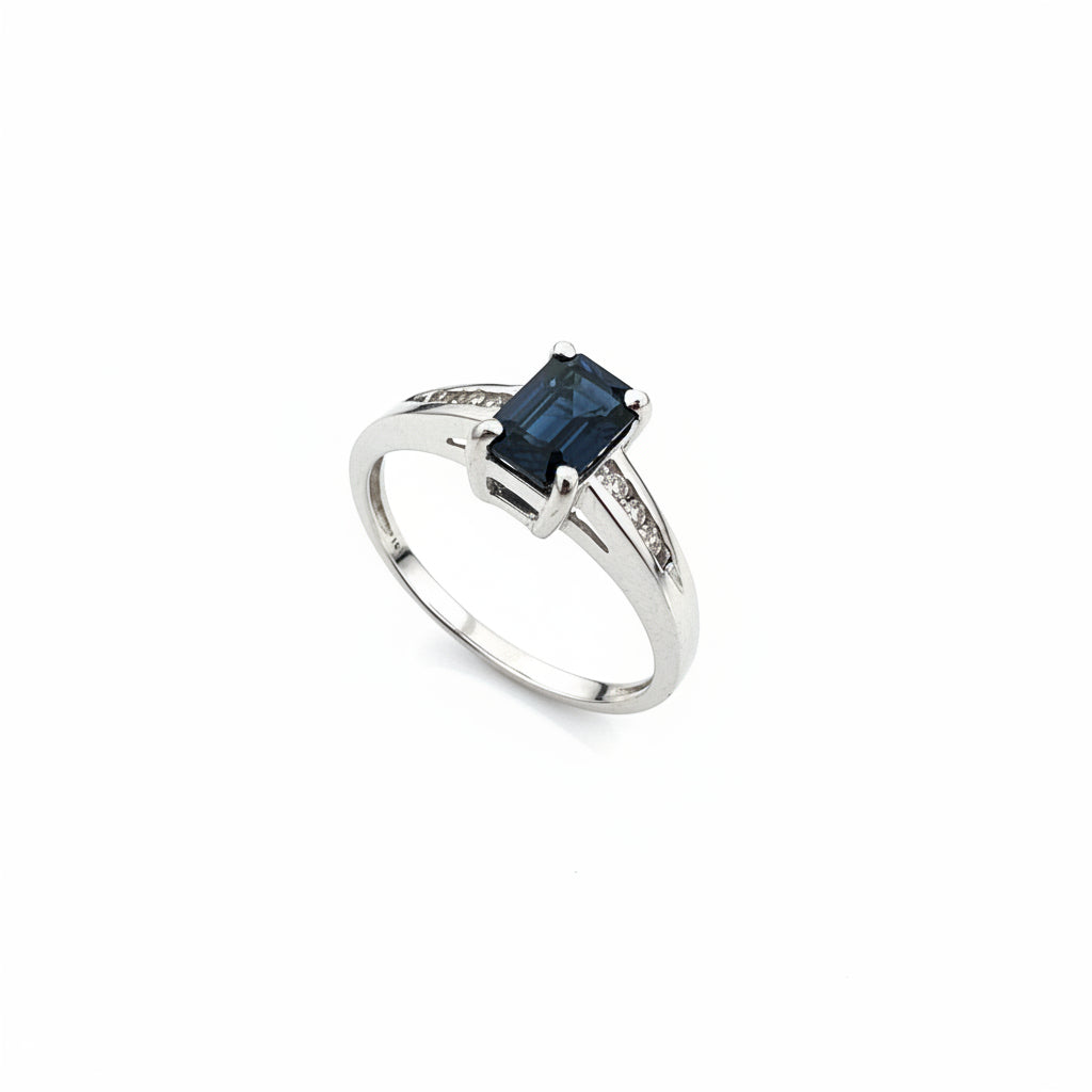 10K White Gold Emerald Cut Sapphire with Diamond Ring, S:0.72ct