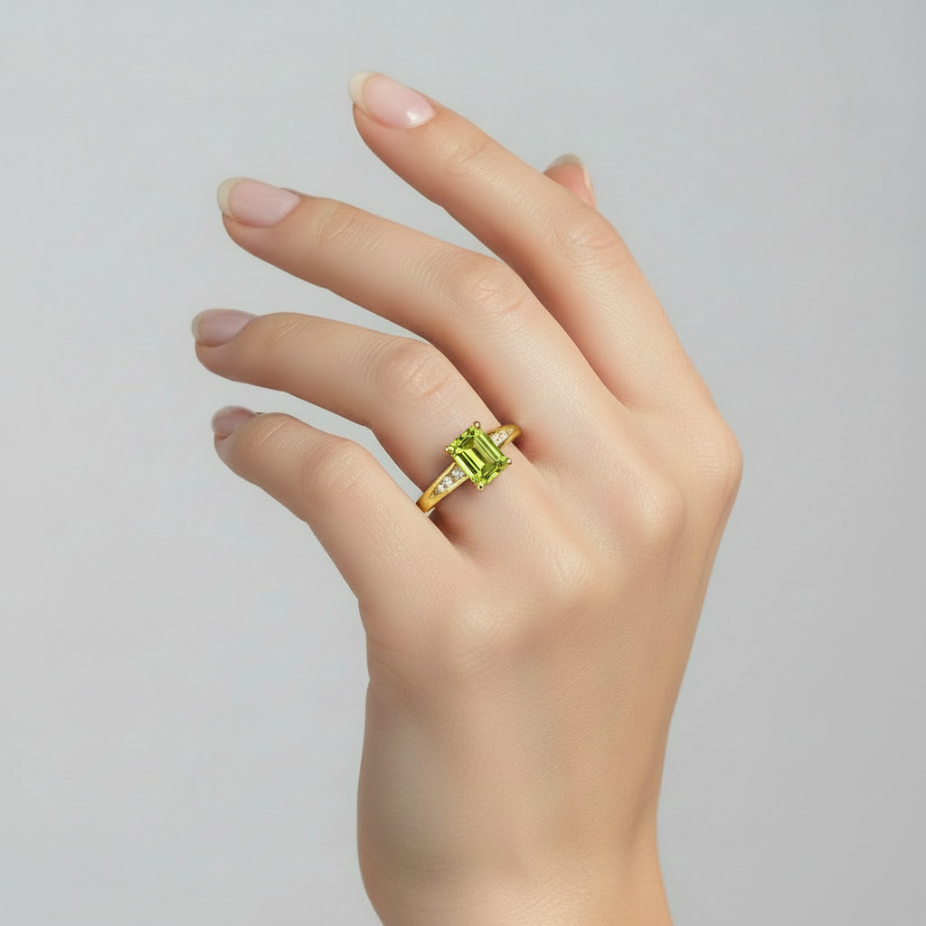 10K Yellow Gold Emerald Cut Peridot with Diamond Ring, P:0.68ct