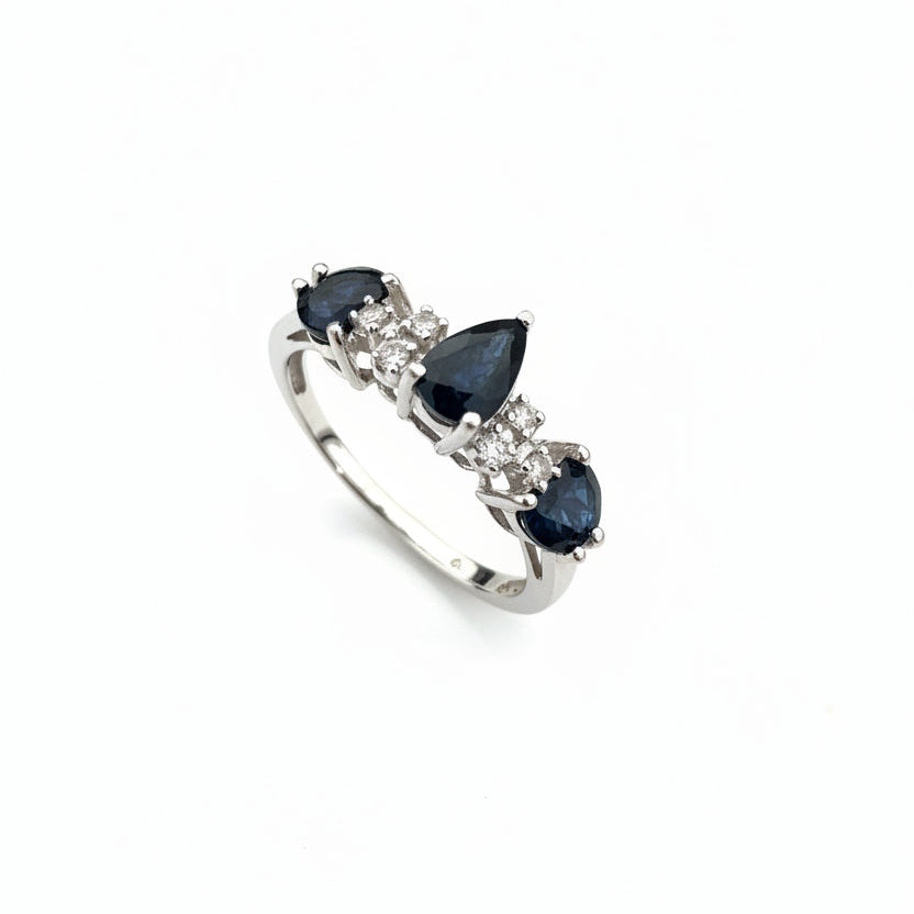 10K White Gold Five-stone Cluster Design Blue Sapphire Ring, S:0.73ct TDW:0.06ct