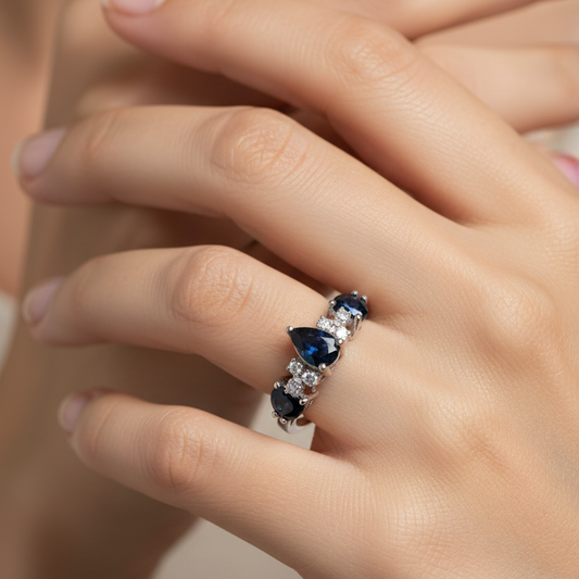 10K White Gold Five-stone Cluster Design Blue Sapphire Ring, S:0.73ct TDW:0.06ct