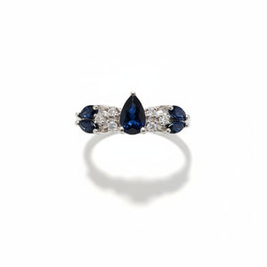 10K White Gold Five-stone Cluster Design Blue Sapphire Ring, S:0.73ct TDW:0.06ct