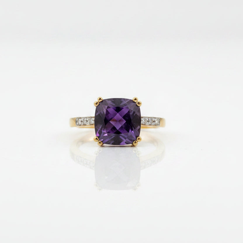 10K Yellow Gold Cushion Cut Amethyst with Diamond Ring