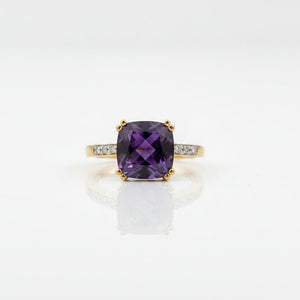 10K Yellow Gold Cushion Cut Amethyst with Diamond Ring