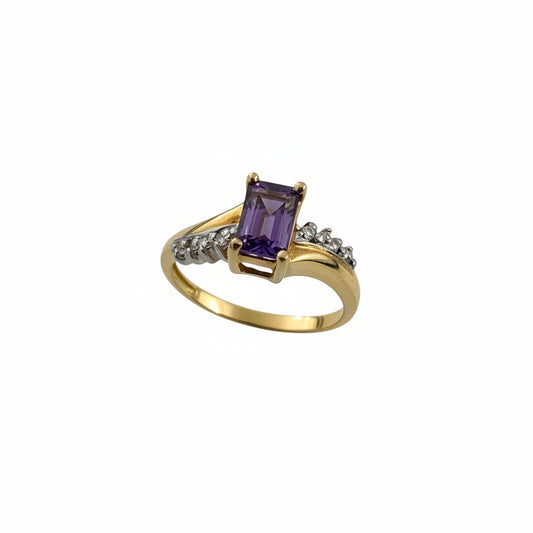 10K Two- tone Emerald Cut Amethyst Ring