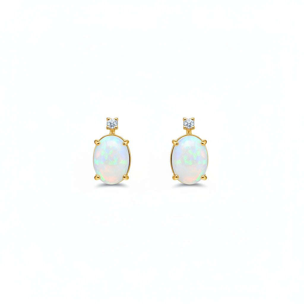 10K Yellow Gold Oval Cut Opal with Diamond Earrings