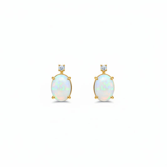 10K Yellow Gold Oval Cut Opal with Diamond Earrings