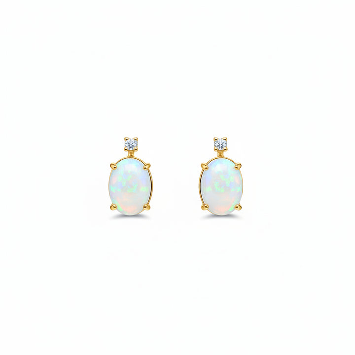 10K Yellow Gold Oval Cut Opal with Diamond Earrings