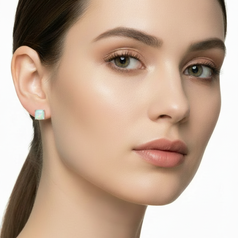 10K White Gold Squared Cut Opal Earrings