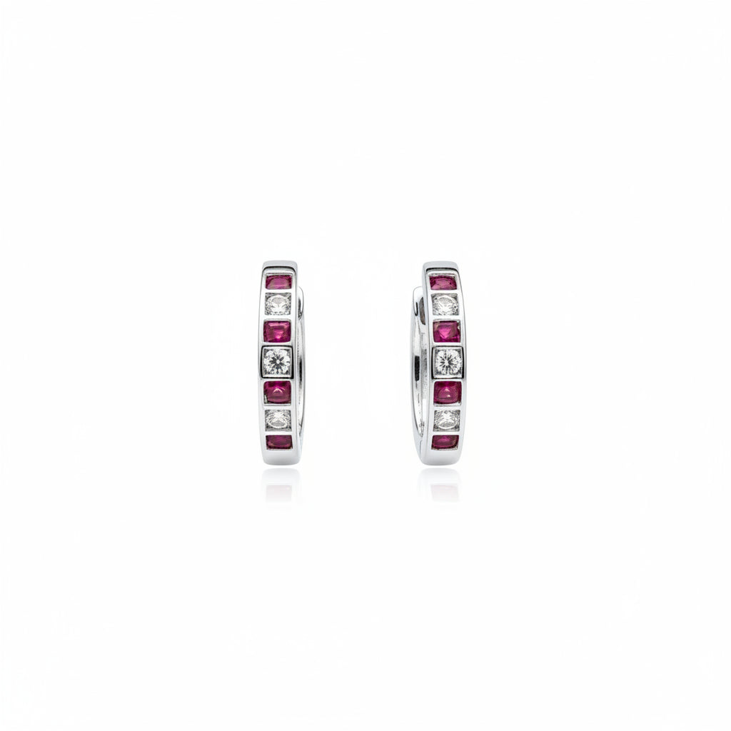 10K White Gold Ruby and Diamond Eternity Hoops Earrings