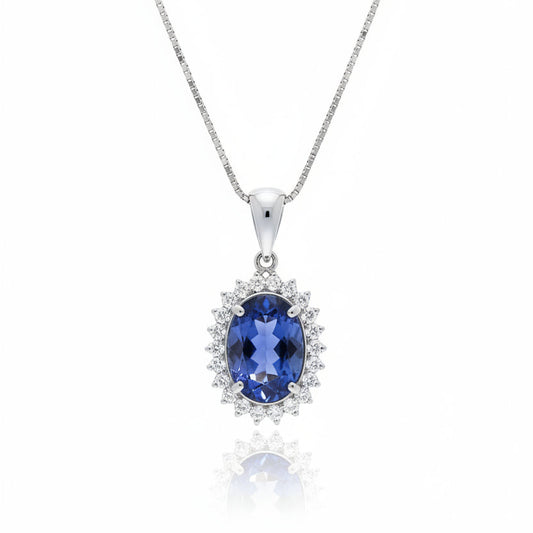 18K White Gold Oval Cut Tanzanite with Diamond Necklace