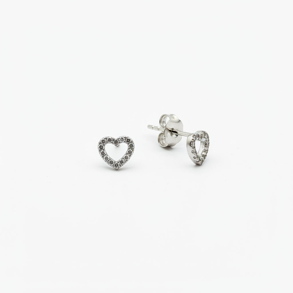 925 Sterling Silver Open Heart Diamond Stud Earrings