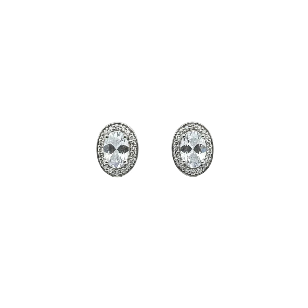 925 Sterling Silver Oval Halo Aquamarine and Diamond Stud Earrings
