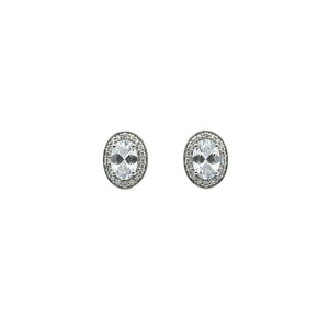 925 Sterling Silver Oval Halo Aquamarine and Diamond Stud Earrings