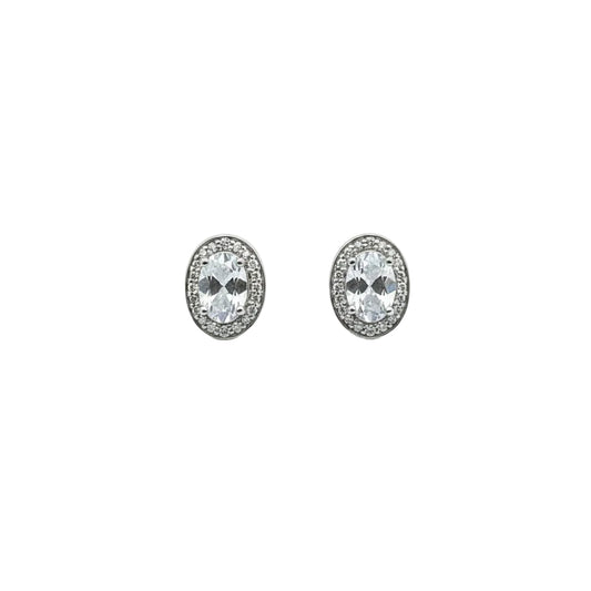 925 Sterling Silver Oval Halo Aquamarine and Diamond Stud Earrings