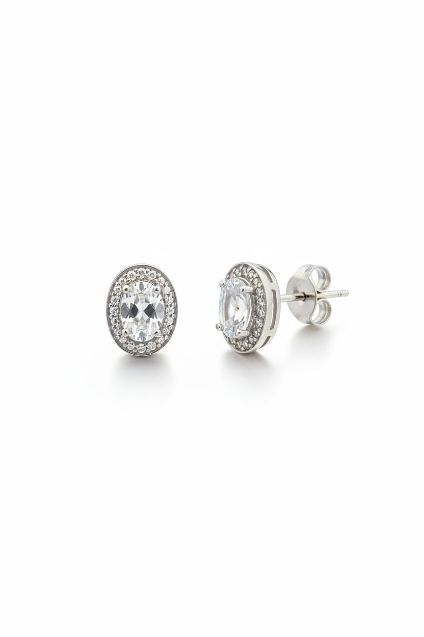 925 Sterling Silver Oval Halo Aquamarine and Diamond Stud Earrings