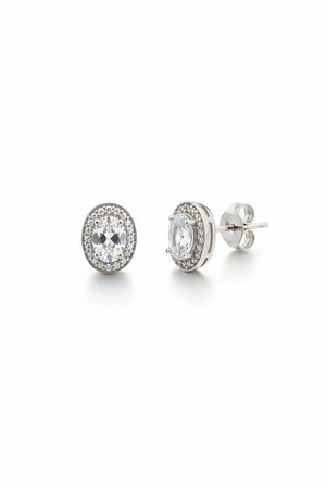 925 Sterling Silver Oval Halo Aquamarine and Diamond Stud Earrings