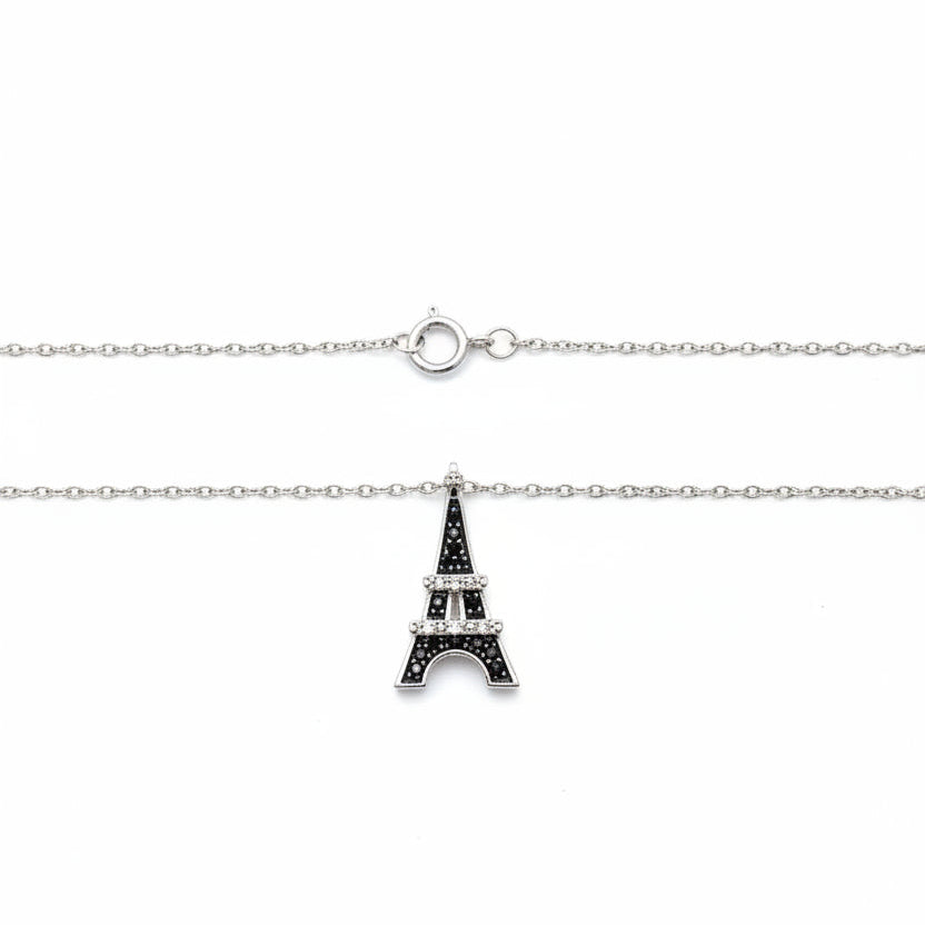 925 Sterling Silver Eiffel Tower with Onyx Necklace