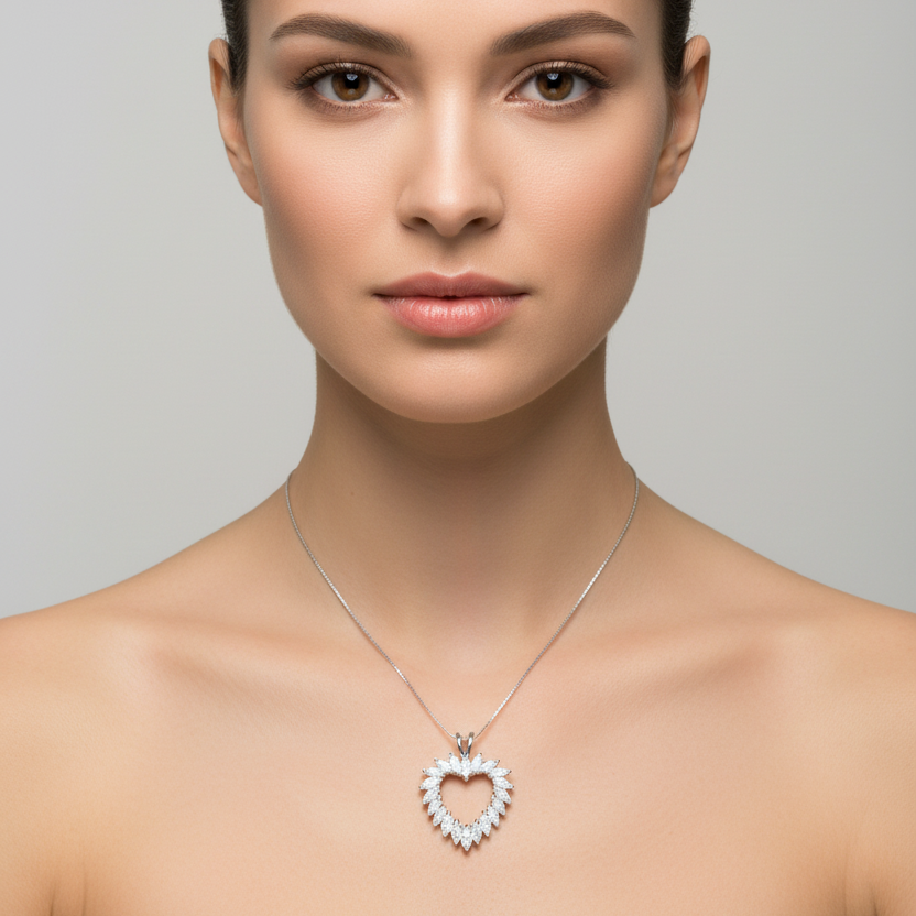 925 Sterling Silver Marquise CZ Open Heart Necklace