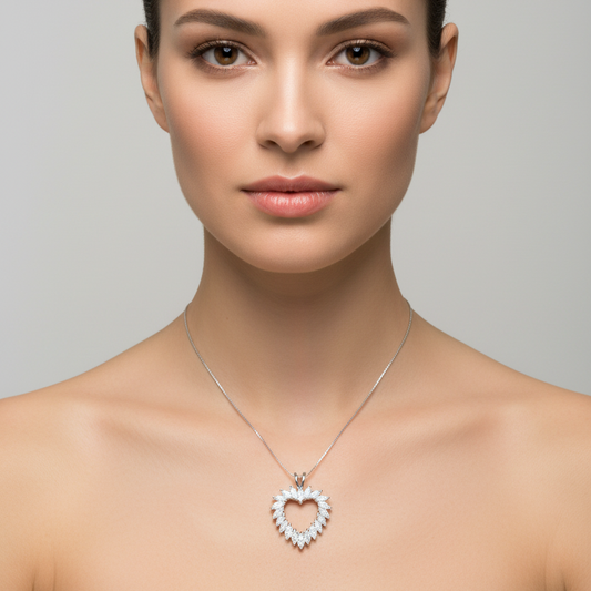 925 Sterling Silver Marquise CZ Open Heart Necklace