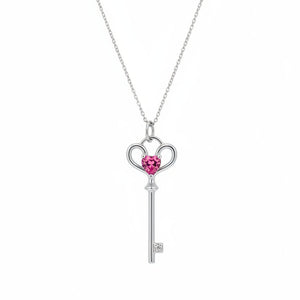925 Sterling Silver Pink Cubic Zirconia Key Necklace