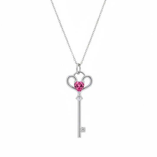 925 Sterling Silver Pink Cubic Zirconia Key Necklace
