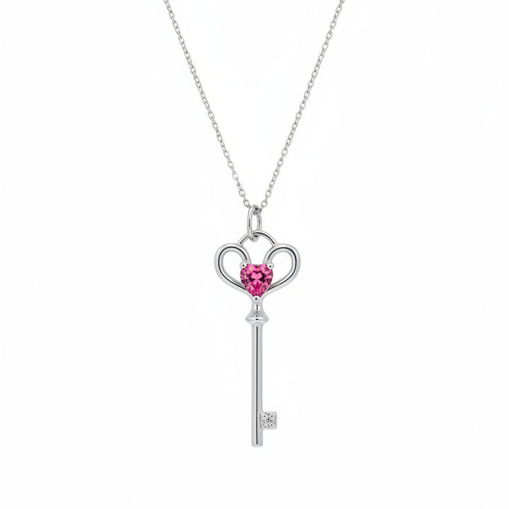 925 Sterling Silver Pink Cubic Zirconia Key Necklace