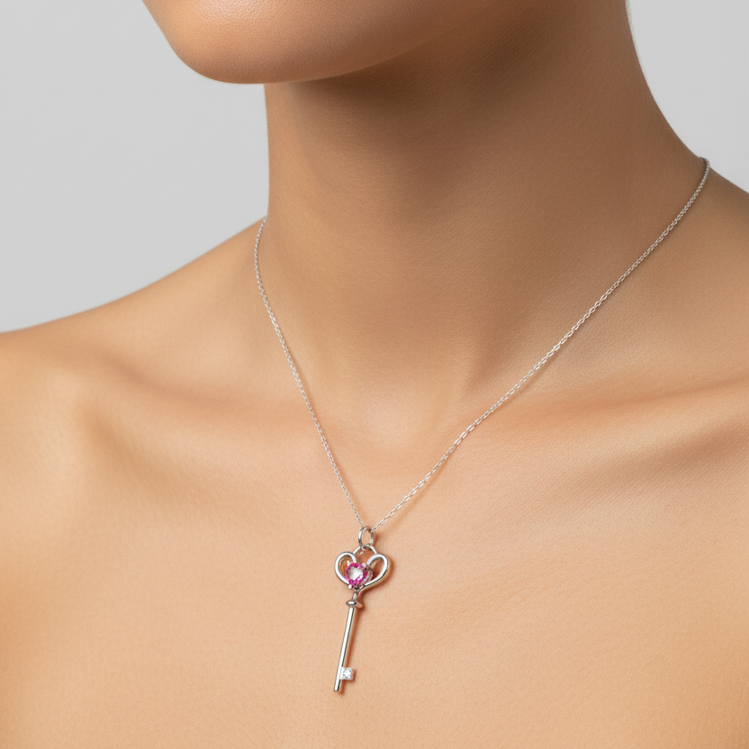 925 Sterling Silver Pink Cubic Zirconia Key Necklace