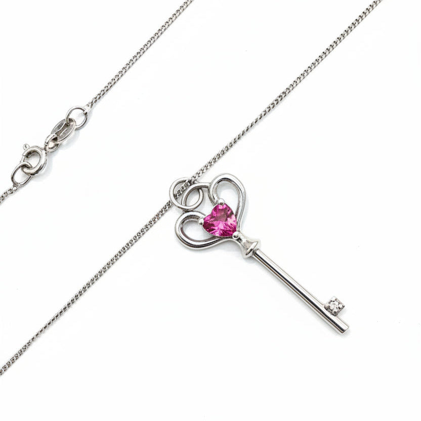 925 Sterling Silver Pink Cubic Zirconia Key Necklace