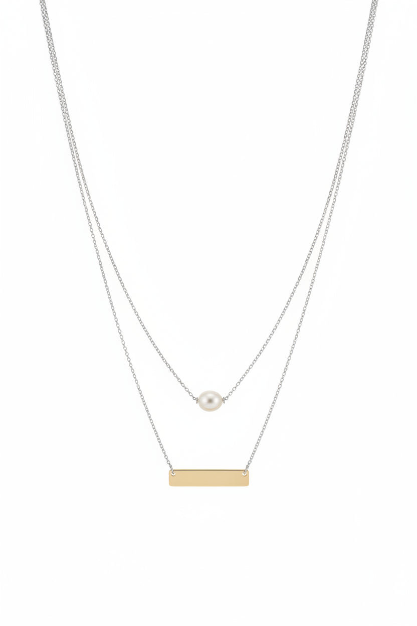 925 Sterling Silver Layered Pearl & Bar Necklace
