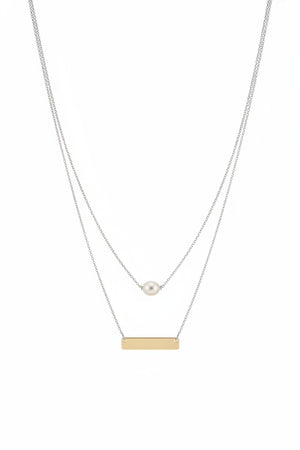 925 Sterling Silver Layered Pearl & Bar Necklace