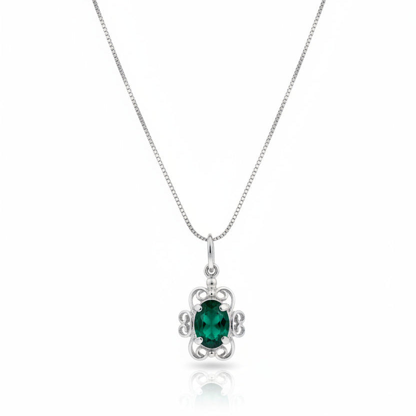 925 Sterling Silver with Green Oval Cut CZ Lace Necklace