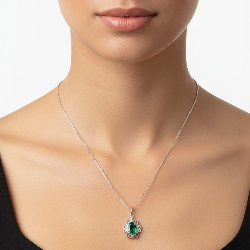 925 Sterling Silver with Green Oval Cut CZ Lace Necklace
