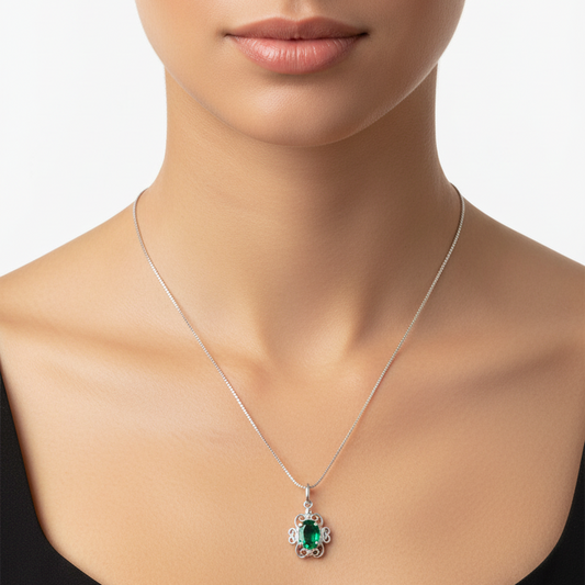 925 Sterling Silver with Green Oval Cut CZ Lace Necklace
