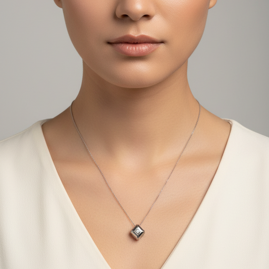 14K White Gold Squared Diamond Geometric Necklace,TDW:0.08ct, G-H, SI