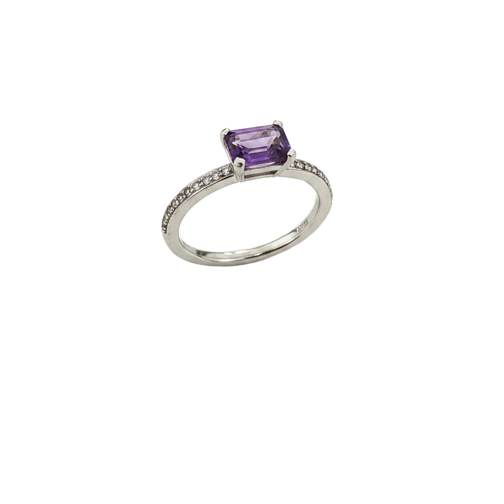 925 Sterling Silver Purple Emerald-Cut Amethyst Ring