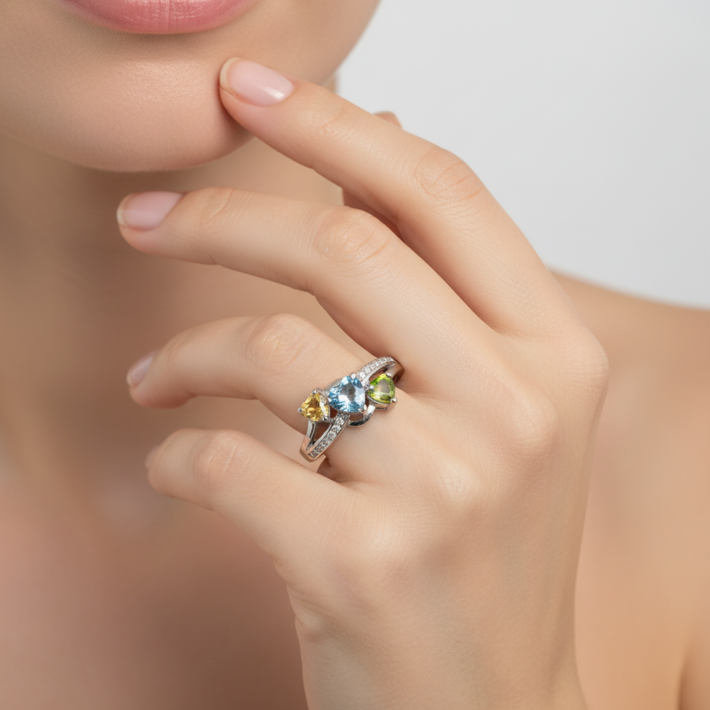 925 Sterling Silver Multi-Color Heart CZ Ring