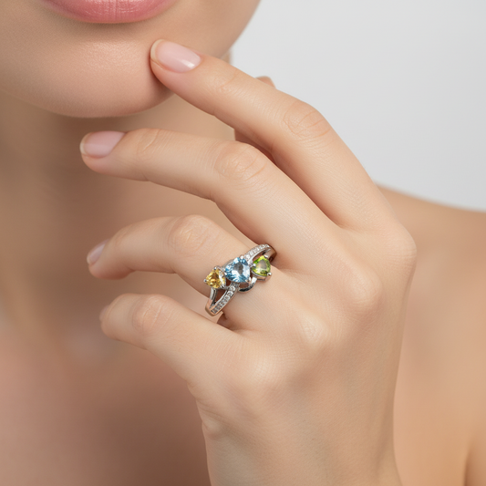 925 Sterling Silver Multi-Color Heart CZ Ring