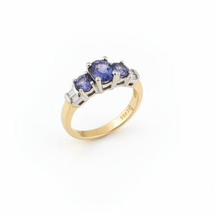 14K Yellow Gold Three-Stone Tanzanite and Diamond Ring, T:0.92ct, TDW:0.15, SI, H
