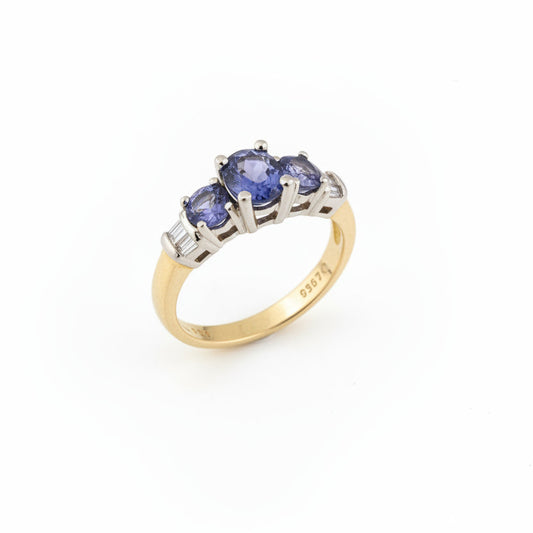 14K Yellow Gold Three-Stone Tanzanite and Diamond Ring, T:0.92ct, TDW:0.15, SI, H