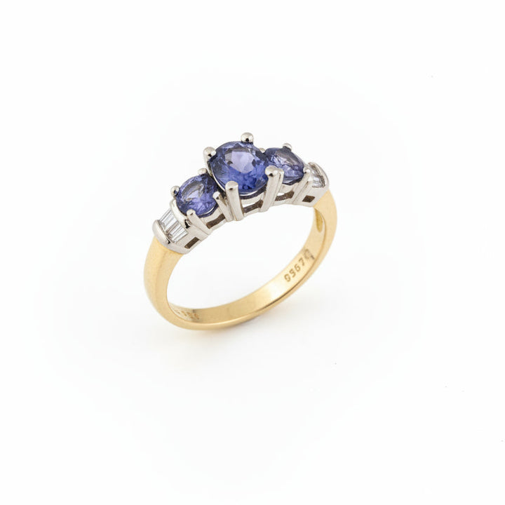 14K Yellow Gold Three-Stone Tanzanite and Diamond Ring, T:0.92ct, TDW:0.15, SI, H