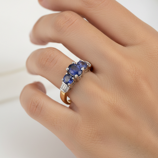 14K Yellow Gold Three-Stone Tanzanite and Diamond Ring, T:0.92ct, TDW:0.15, SI, H