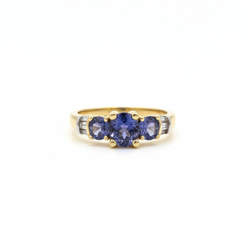 14K Yellow Gold Three-Stone Tanzanite and Diamond Ring, T:0.92ct, TDW:0.15, SI, H