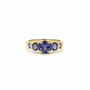 14K Yellow Gold Three-Stone Tanzanite and Diamond Ring, T:0.92ct, TDW:0.15, SI, H