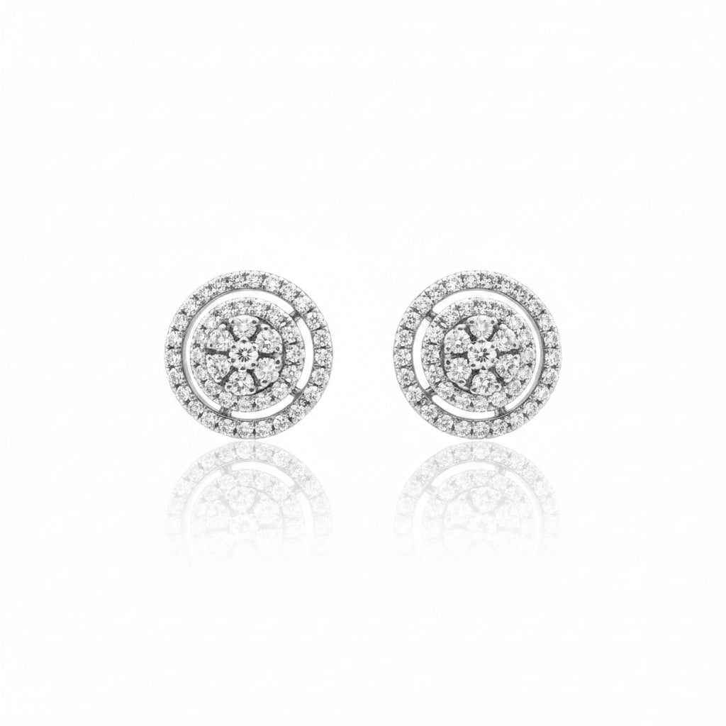 18K White Gold Round Double Halo Diamond Stud Earrings, TDW:1.26ct, VS, G-H