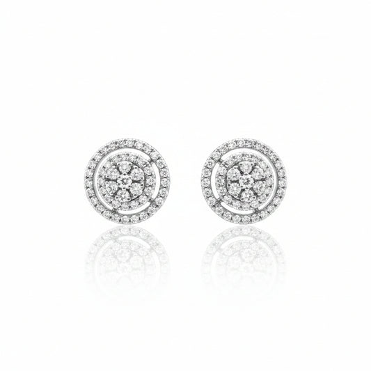 18K White Gold Round Double Halo Diamond Stud Earrings, TDW:1.26ct, VS, G-H